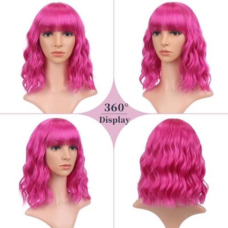 VCKOVCKO Short Bob Wigs Barbie pink Wavy Wig With Air Bangs Women's Shoulder Length Wigs Curly Wavy Synthetic Cosplay Wig Pastel Bob Wig for Girl Colorful Wigs(12", Barbie pink)