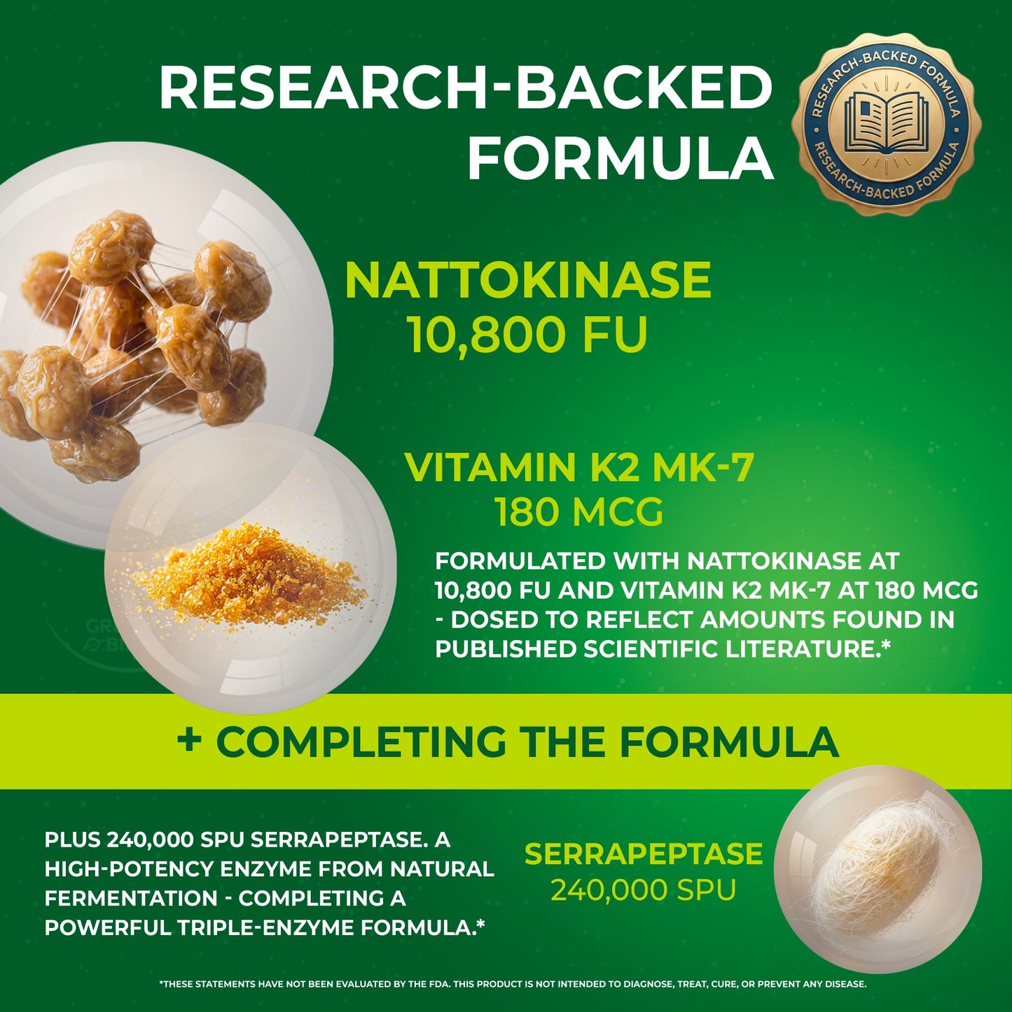 GREAT BILLIOM Nattokinase 10800 FU with Vitamin K2 MK-7 & Serrapeptase 240,000 SPU Supplement – Natto Enzyme, Heart Health Supplements for Blood Flow & Circulation Support, 90 Capsules
