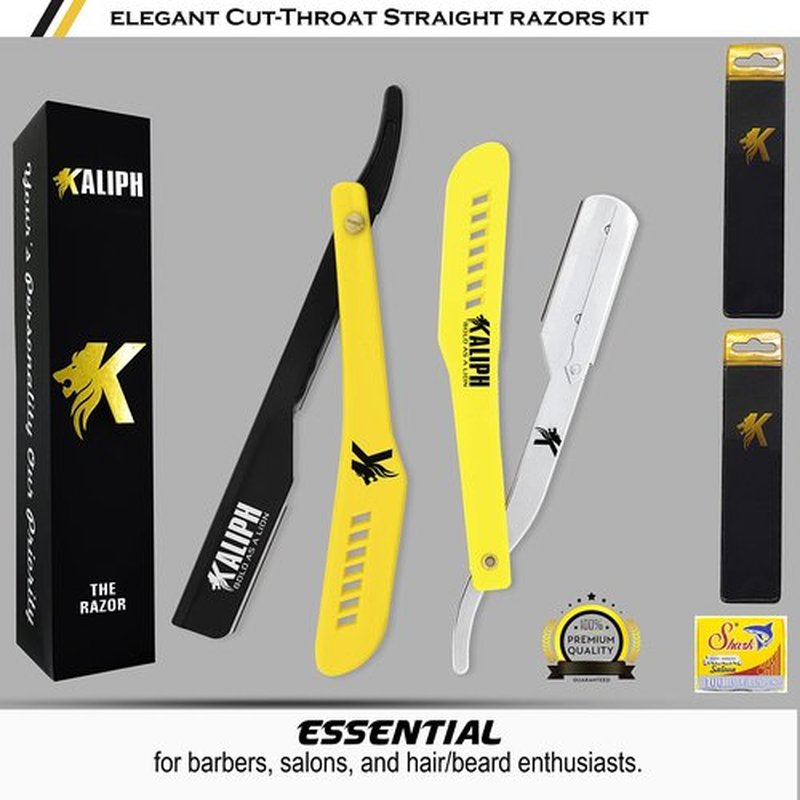 Kaliph Professional Straight Razor For Men - Premium Pack of 2 Straight Edge Barber Razor With 100 Blades - Smooth Shaving Mens Manual Cut Throat Shaver Safety Kit (Yellow)
