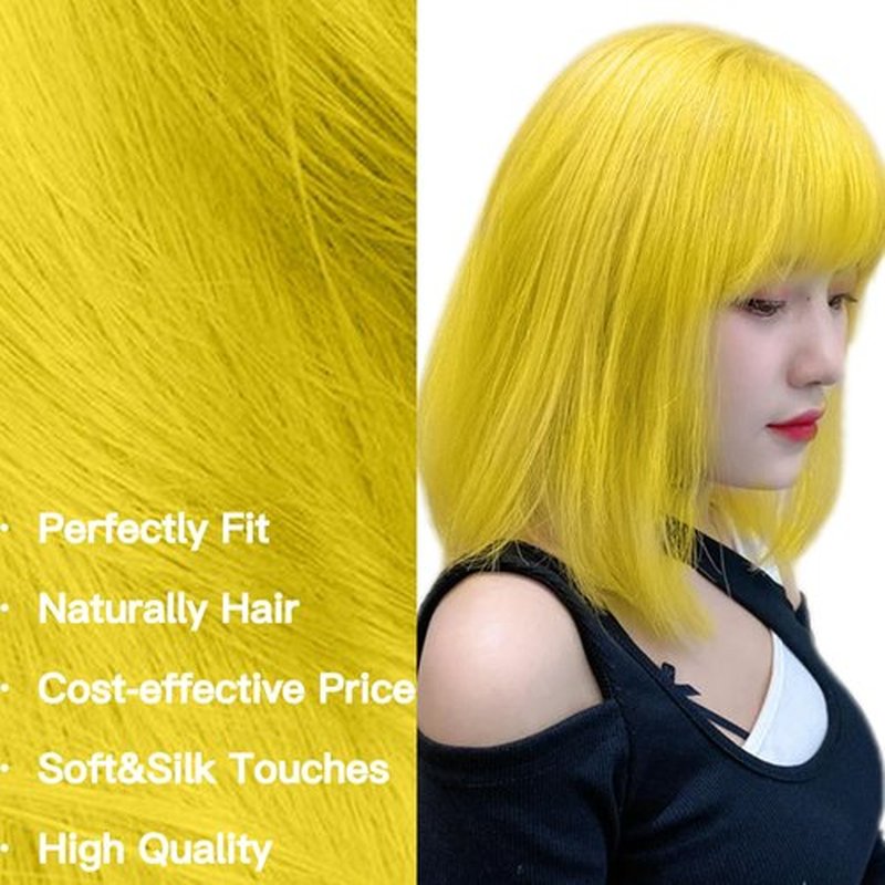 Tangyaoyusun 12Inch Lemon Yellow Wig with Bang Short Straight Bob Hair For Girls Women Theme Party (Lemon Yellow)