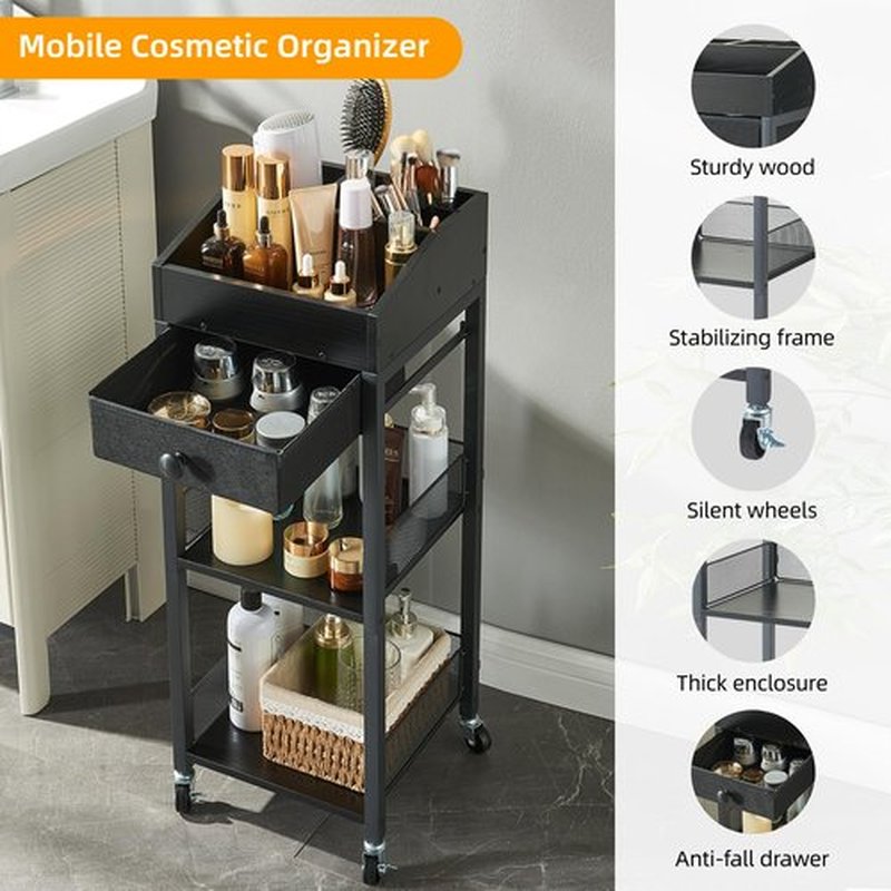 HUSHEDIFY Makeup Organizer Cart,3 Tier Floor Make up Storage Stand with Drawer, Free Standing Skincare Cosmetic Display Holder with Wheels for Vanity Bedroom Dresser Bathroom(Black)