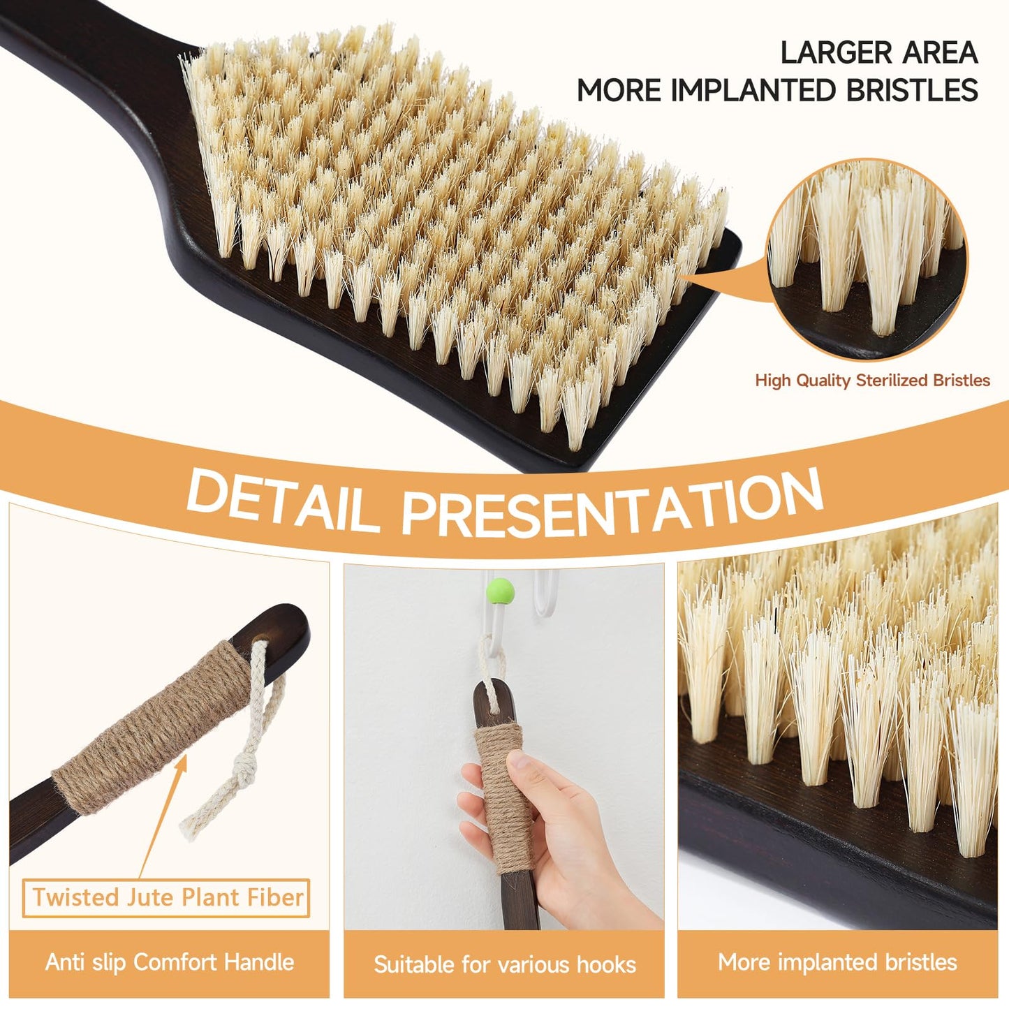 ENAMELEVO Back Scrubber Shower Brush,Dry Brushing Body Brush with 17.7 Inch Curved Long Handle, Natural Bristles for Lymphatic Drainage, Soft & Stiff Bristles Available (Natural Fiber, Stiff)