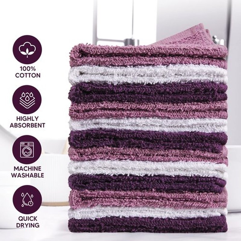 Towel and Linen Mart 100% Cotton - Wash Cloth Set - Flannel Face Cloths, Highly Absorbent and Soft Feel Fingertip Towels (Grey) (Grey, 12) (Plum, White & Lilac, Pack of 12)