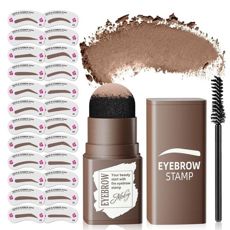 Eyebrow Stamp Stencil Kit - Long-Lasting Eye Brow with Eyebrow Blush, Waterproof & Smudge-Proof Brow Shaping Kit with 24 Reusable Thin & Thick Eyebrow Stencils for Voluminous Brow (Medium Brown)