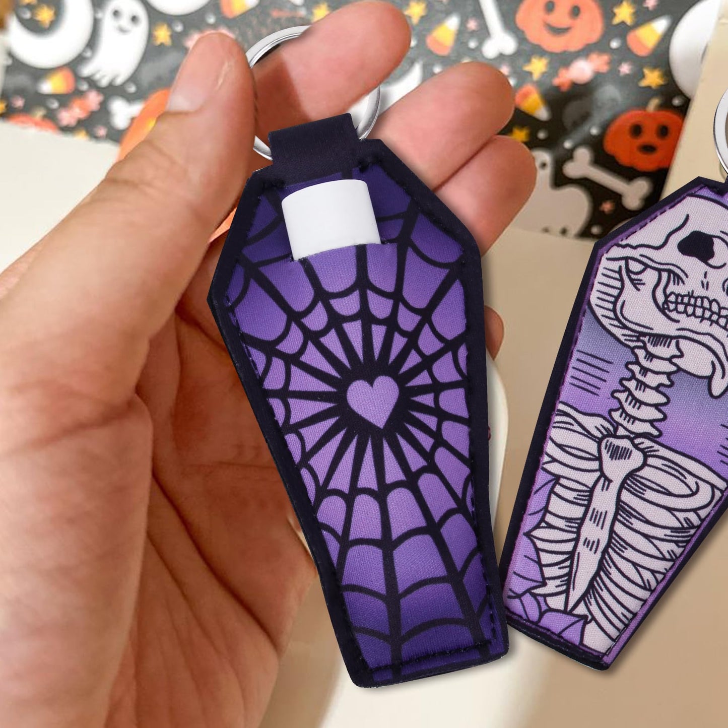 KARAQY 3 Pcs Halloween Lipstick Holder Keychain, Goth Skull Coffin Chapstick Lip Balm Neoprene Gloss Keyring