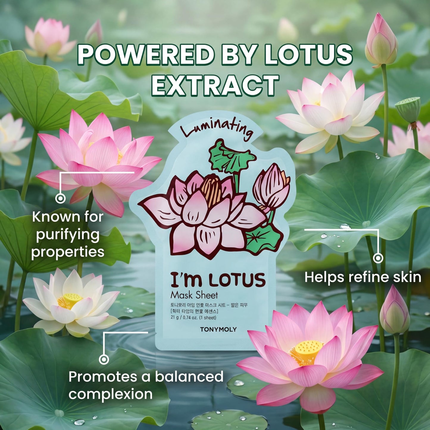 TONYMOLY I’m Lotus Luminating Sheet Mask – Korean Skincare Face Mask with Lotus Extract, Hydrating & Moisturizing Essence for Radiant, Glowing Skin, Soothing Vitamin-Infused Facial Sheet