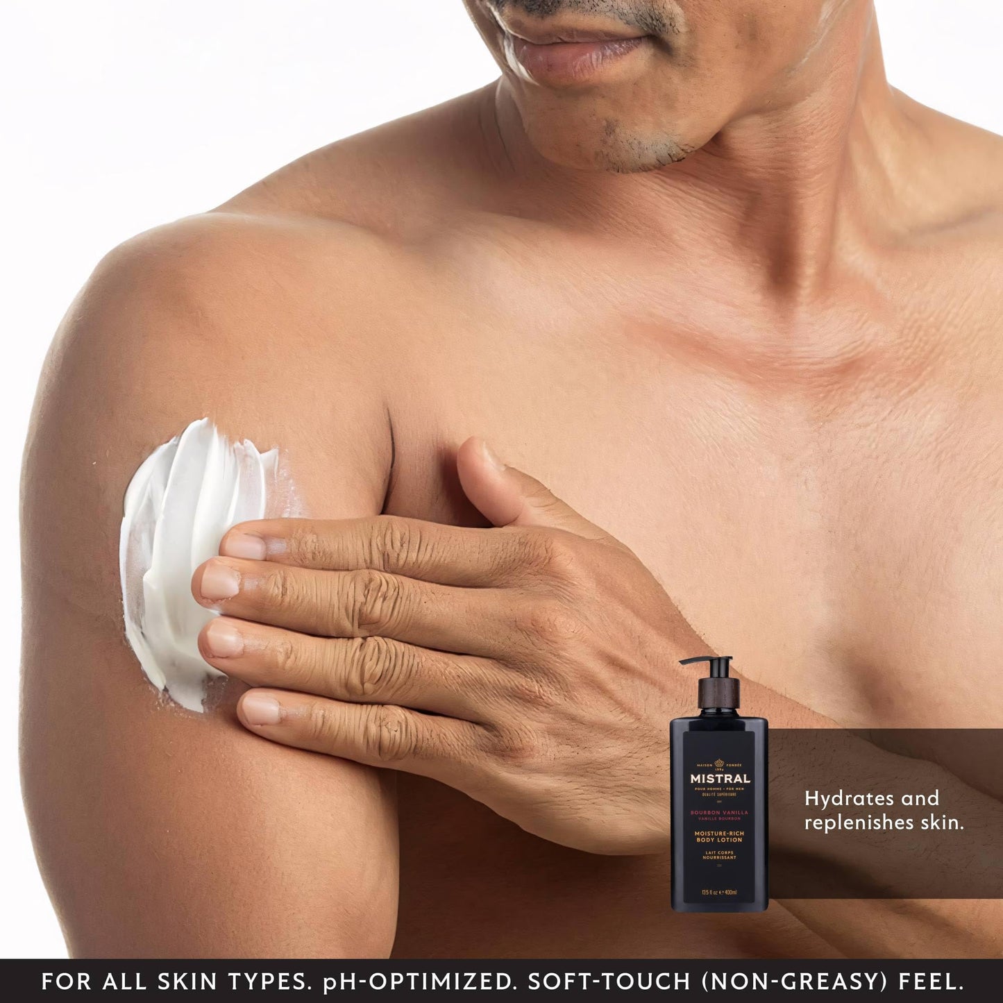 Mistral Bourbon Vanilla Body Lotion for Men | Moisture-Rich Body Cream | Fast-Absorbing Men’s Lotion with Shea Oil & Squalane | Natural & Paraben-Free | Masculine Scent – 13.5 fl oz