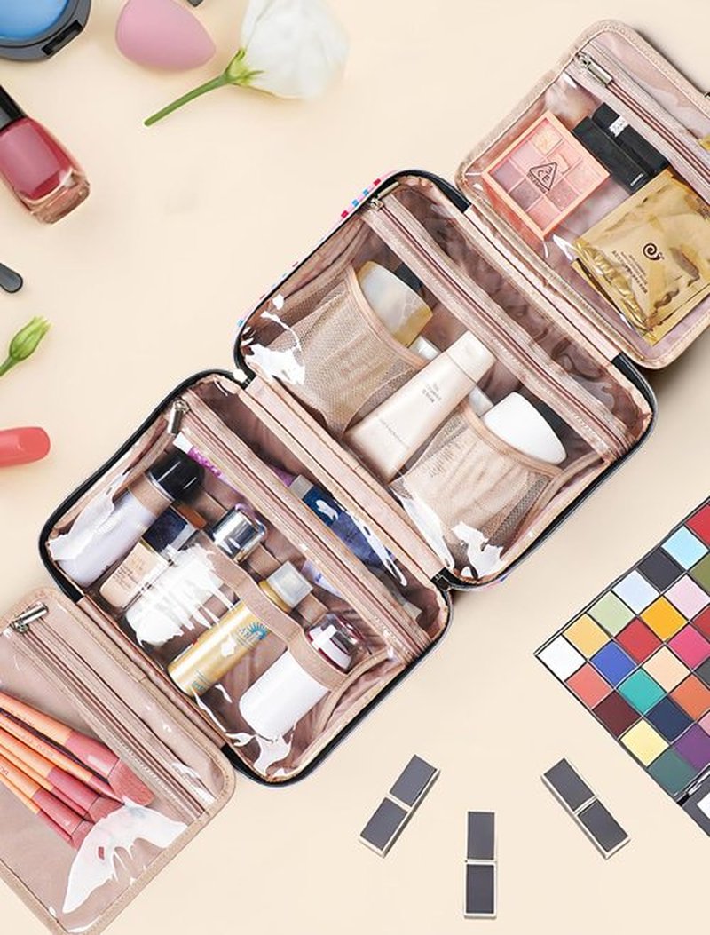 BALULHG Toiletry Bag Travel with Hanging Hook, Water-resistant Cosmetic Makeup Bag Organizer for Shampoo, Full Sized Container, Toiletries，Plaid-red-L