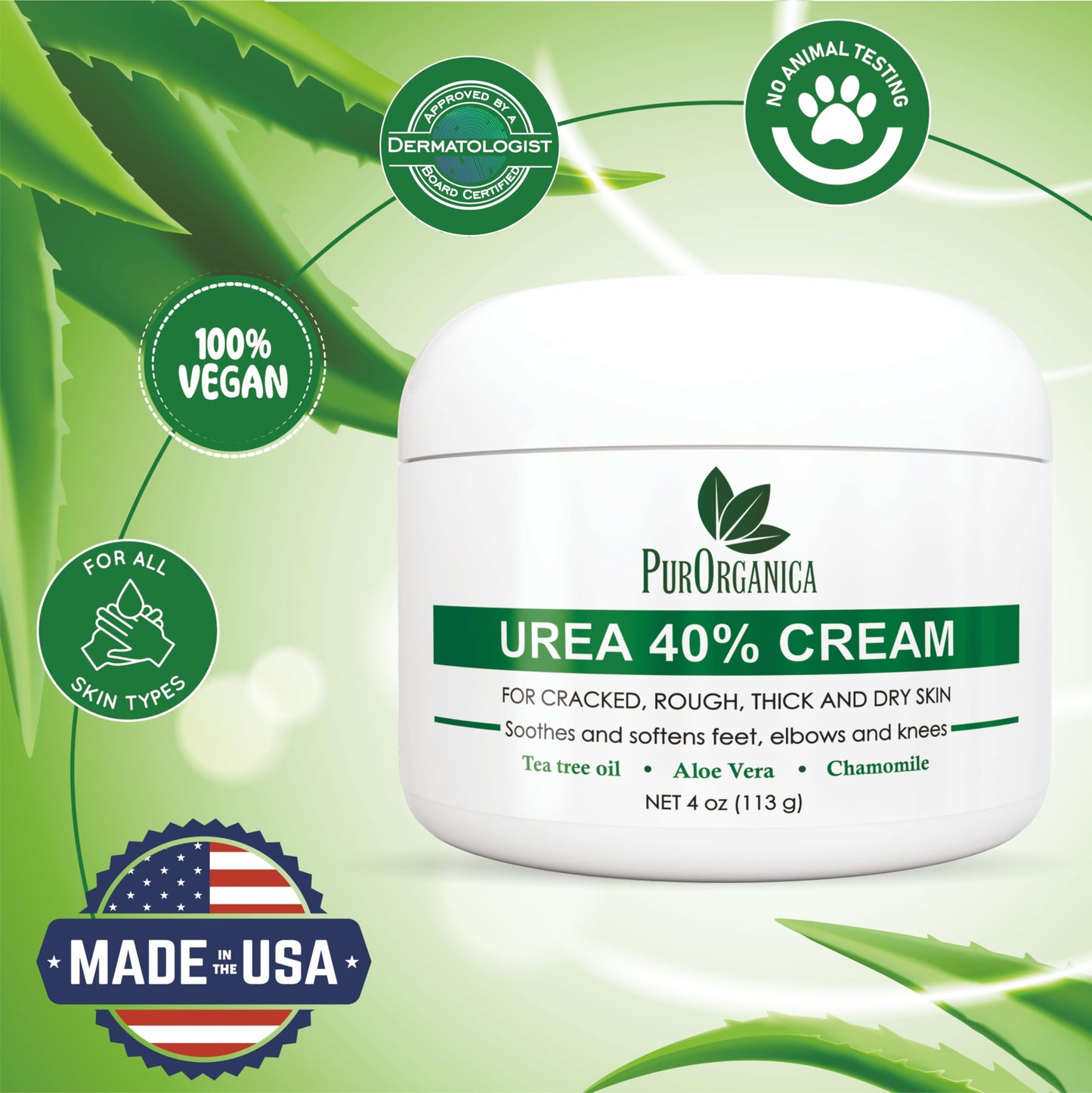 PurOrganica Urea Cream 40% – Made in USA, Maximum Strength Foot Cream for Dry, Cracked Heels, Corns, Calluses & Rough Feet, Exfoliating Moisturizer