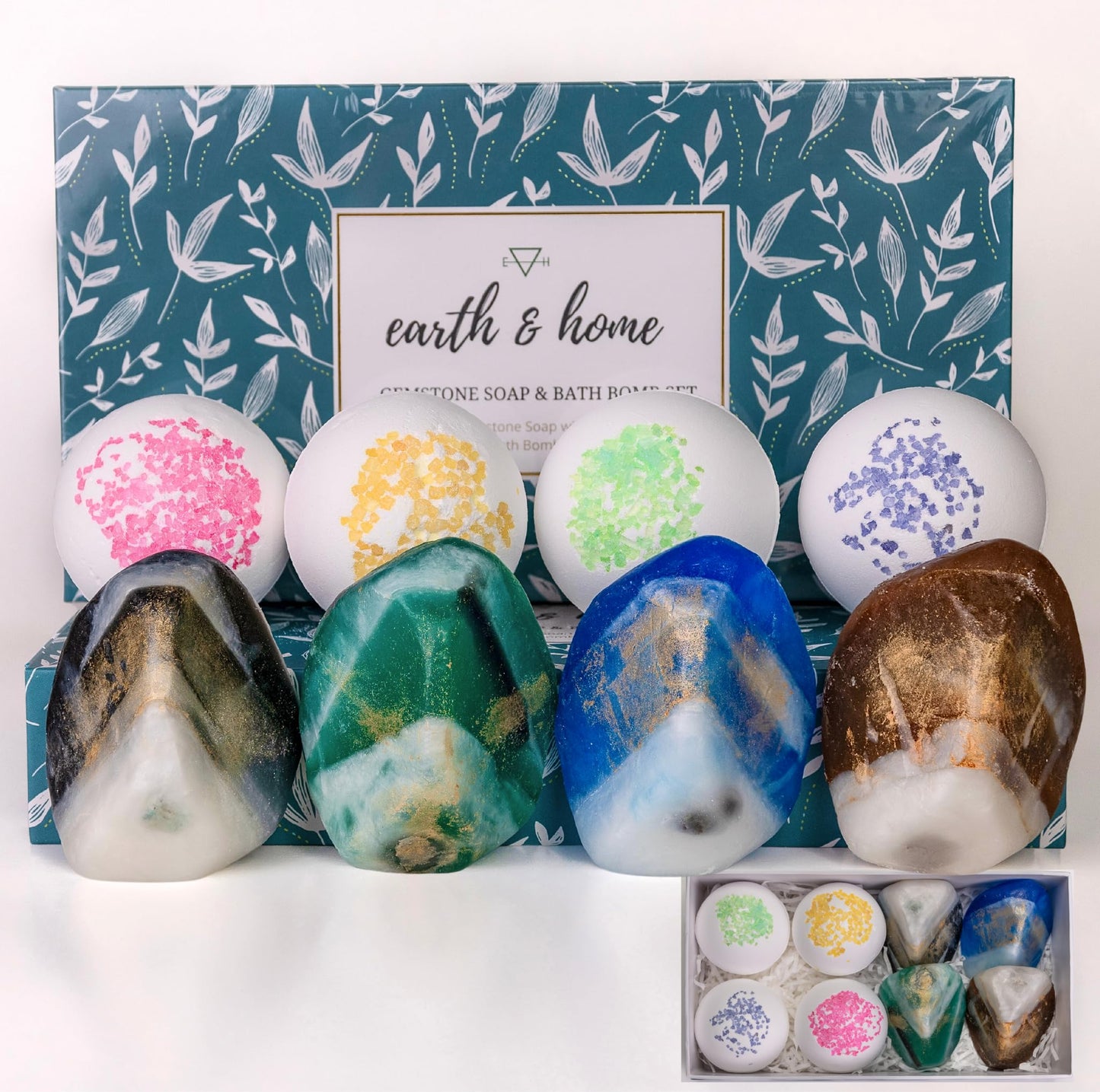Gemstone Soap & Bath Bomb Gift Set- Relaxing Spa Gift Set for Women- 4 Rock Soap with Crystals and 4 Fizzy Bath Bomb-Decorative Scented Crystal Soap with Natural Ingredients & Essential Oil