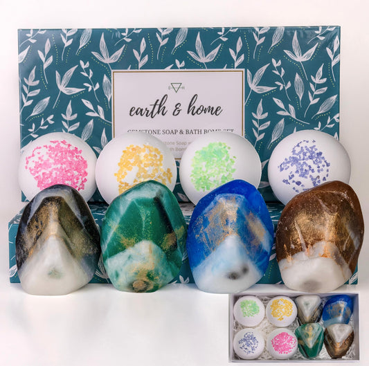 Gemstone Soap & Bath Bomb Gift Set- Relaxing Spa Gift Set for Women- 4 Rock Soap with Crystals and 4 Fizzy Bath Bomb-Decorative Scented Crystal Soap with Natural Ingredients & Essential Oil