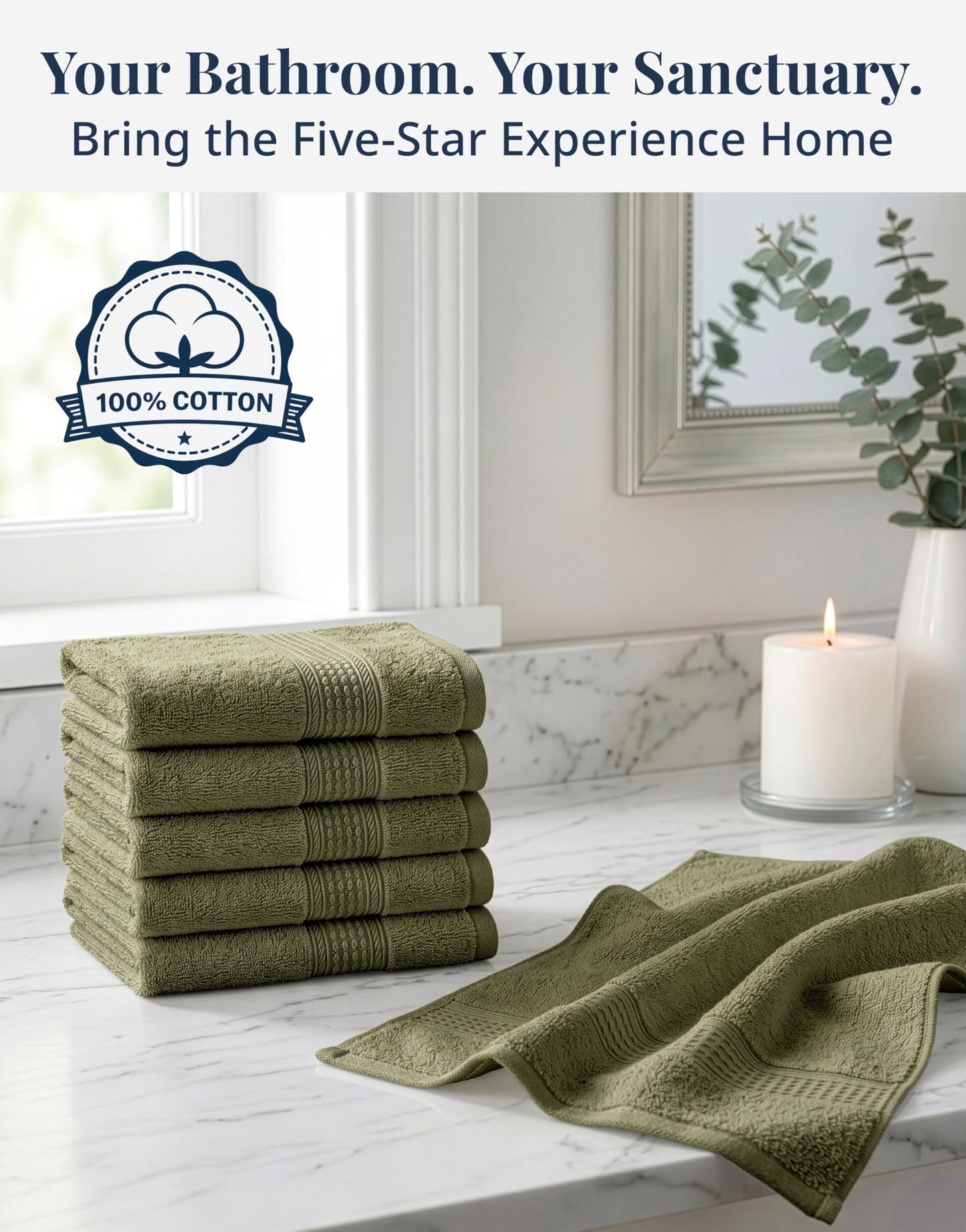 LANE LINEN Wash Cloths - 100% Cotton 6 Pack Set - 13"x13" Soft Surface, Reinforced Edges & Quick Drying - Highly Absorbent & Fade Resistant - Ideal for Salon, Spa & Hotel - Oil Green