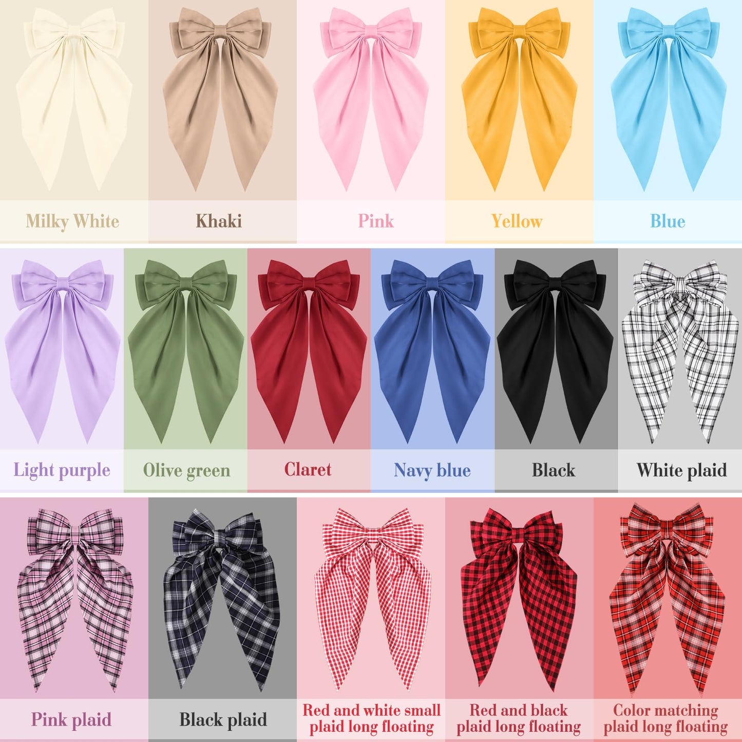 Hoteam 16 Pcs Silky Satin Hair Bows Bulk for Women Large Hair Ribbons Oversized Bows Oversized Long Tail Large Bow-knot Clips Accessories Gifts(Plaid)