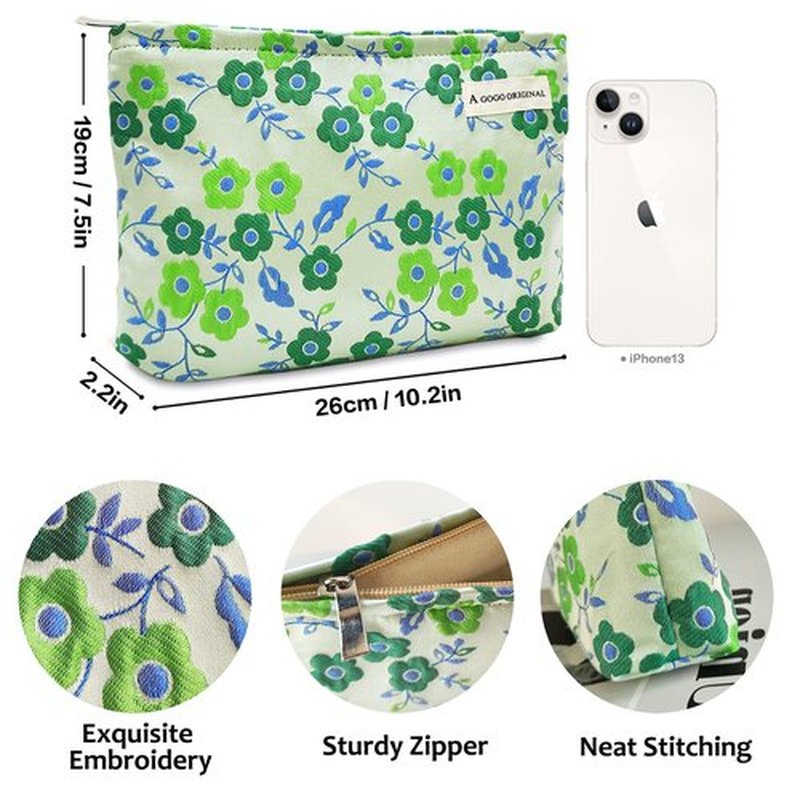 STARDW Floral Cosmetic Bags Makeup Bags for Women and Girls,Travel Makeup Bag Large Capacity Canvas Makeup Bag,Makeup Organizer Bag Zipper Pouch (Green Flowers)