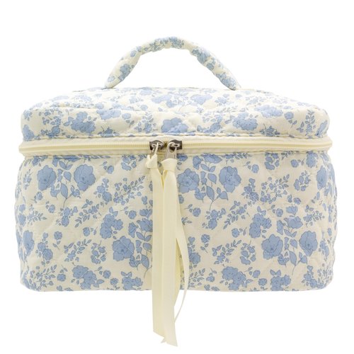 PAZIMIIK Cotton Makeup Bag for Women Large Quilted Travel Cosmetic Case Girls' Make Up Organizer,Little Flower Blue