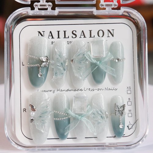 CAMILCY Handmade Nails Press on Almond Nail Long Pointed Light Blue Crystal Bow Design Hand painted Reusable Gel UV Finished Pre shaped False Nails for Women 10pcs 3D Handmade Nails (A018, L)
