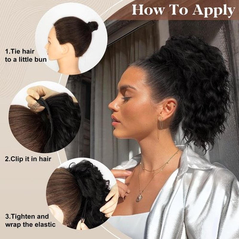 ALXNAN Wavy Curly Ponytail Extension, 8" Ombre BUG Drawstring Ponytail For Black Women Short Soft Natural Synthetic Hairpiece Thick For Daily Use