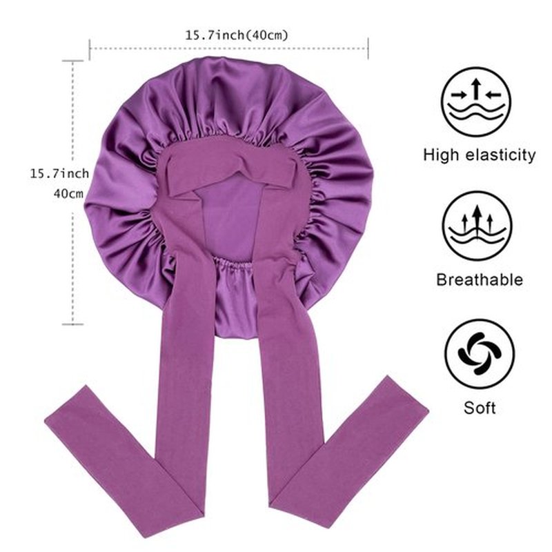 Satin Bonnet Silk Bonnet Hair Bonnet for Sleeping Large Bonnets with Tie Band Hair Wrap with Adjustable Straps Hair Cap Night Sleep Caps for Women Curly Braid Hair Purple