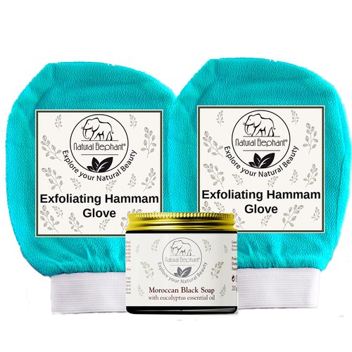 Natural Elephant Moroccan Black Soap 200g (7oz) and 2 Pack Exfoliating Hammam Glove Combo (Teal Waves)