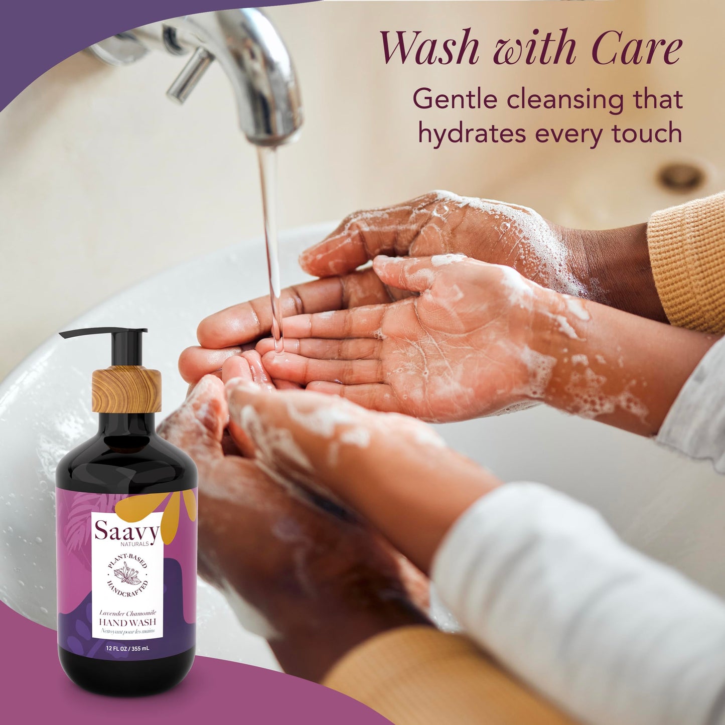 Saavy Naturals Hand Wash – Plant-Based Liquid Hand Soap with Aloe Vera, Shea Butter & Essential Oils – Sulfate-Free, Moisturizing, Food-Grade Ingredients – Lavender Chamomile – 12 fl oz, 2 pack