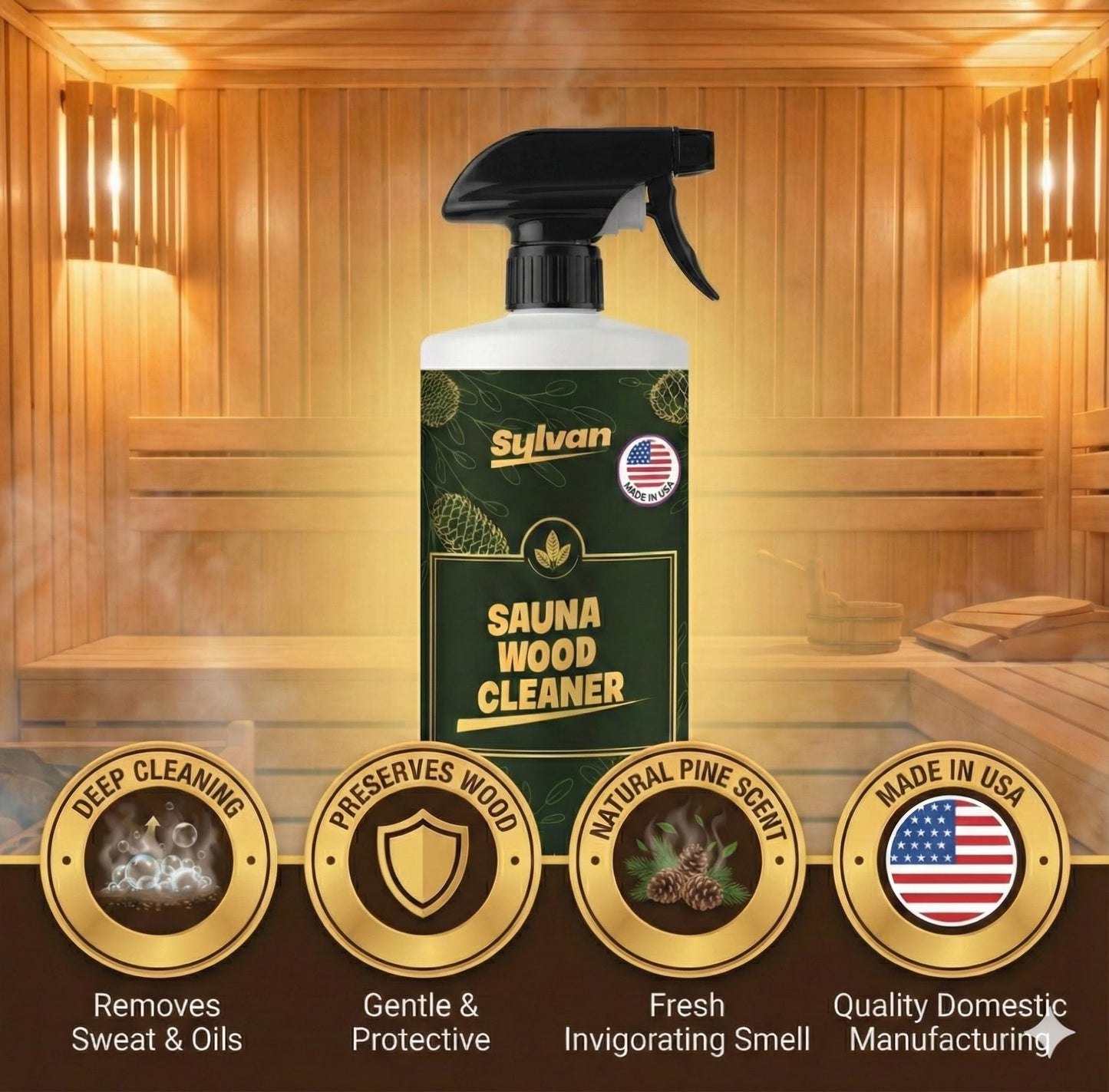 Sylvan Hills Sauna Wood Cleaner 32 oz | Made in the USA | Sauna Spray removes Stains, Sweat & Odors | Fast-Drying & Streak-Free Formula | Natural Wood Cleaner | Long Lasting | Hemlock, Pine, Cedar