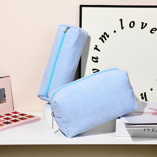 SOIDRAM Makeup Bag Corduroy Cosmetic Bag Cute Blue Makeup Pouch 1Pcs Large Capacity Makeup Bags and 1Pcs Makeup Brushes Storage Bag Travel Toiletry Bag Organizer