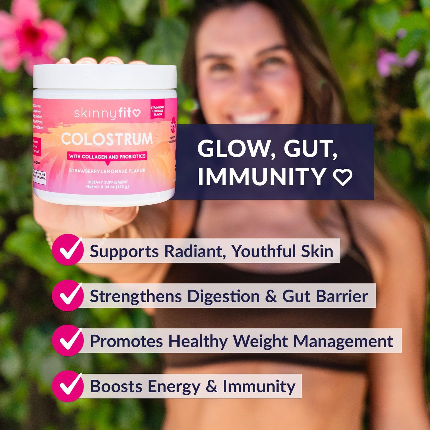 SkinnyFit - Colostrum Powder (Strawberry Lemonade) - Collagen Peptides, Probiotics, Vitamin B12 - Supports Immunity, Skin & Gut Health - Non GMO, Gluten Free, Sugar Free - Beauty, Skin Care, Self Care