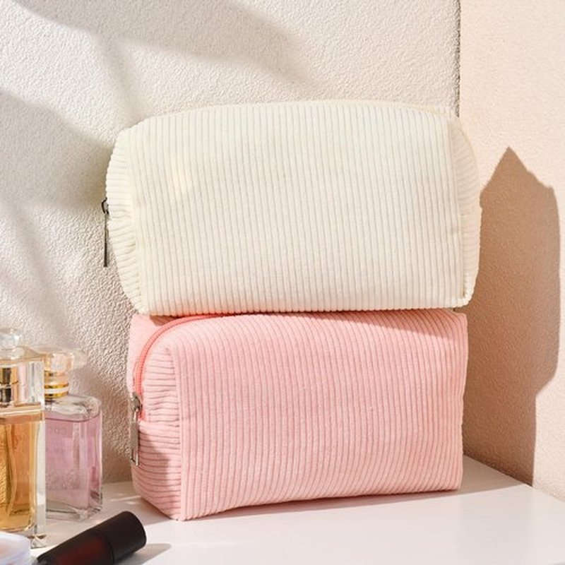 SOIDRAM 2 Pieces Makeup Bag Corduroy Cosmetic Bag White Pink Makeup Pouch Travel Toiletry Bag Organizer Cute Makeup Brushes Storage Bag for Women