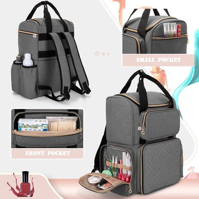 LUXJA Nail Polish Organizer (Backpack Version) Holds 70 Bottles and a Nail Lamp, Travel Nail Polish Bag with 2 Removable Cases and Tools Storage Pockets (Patent Pending), Gray