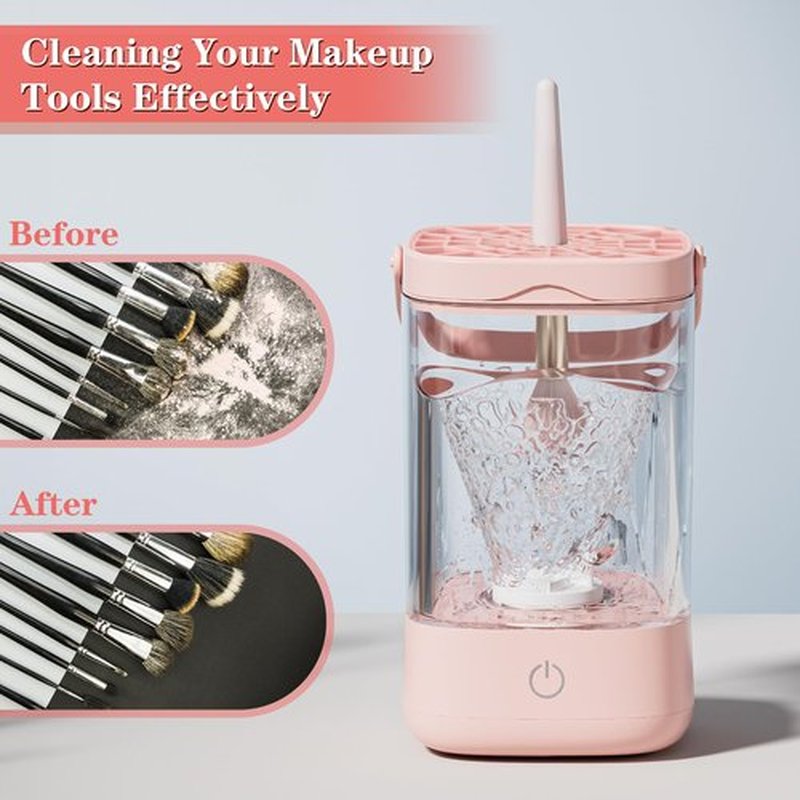 Electric Makeup Brush Cleaner - Portable Makeup Brushes Cleaning Machine, Automatic Spinning Cosmetic Brushes Washer, Make Up Brush Cleaner Tools for Most Sizes Brushes and Sponges (Pink)