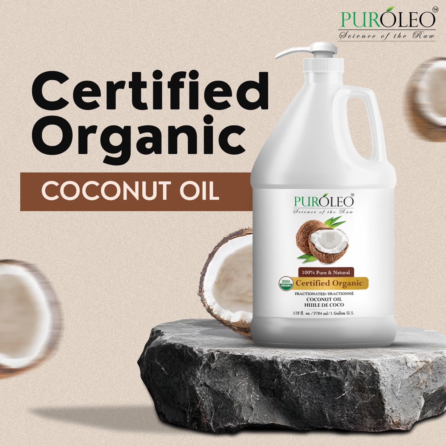 PUROLEO Organic Certified USDA Fractionated Coconut Oil 128 Fl Oz/3785 ML (Packed in Canada) – 100% Natural & Odorless Moisturizer & Carrier Oil for Hair, Skin, Body, Massage, Makeup Removal