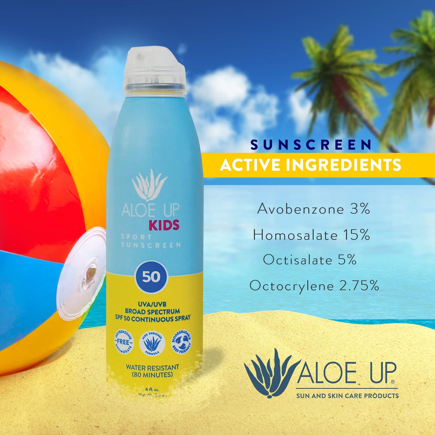 Aloe Up Kids Sport Sunscreen Spray SPF 50, Water Resistant, 5.5 oz