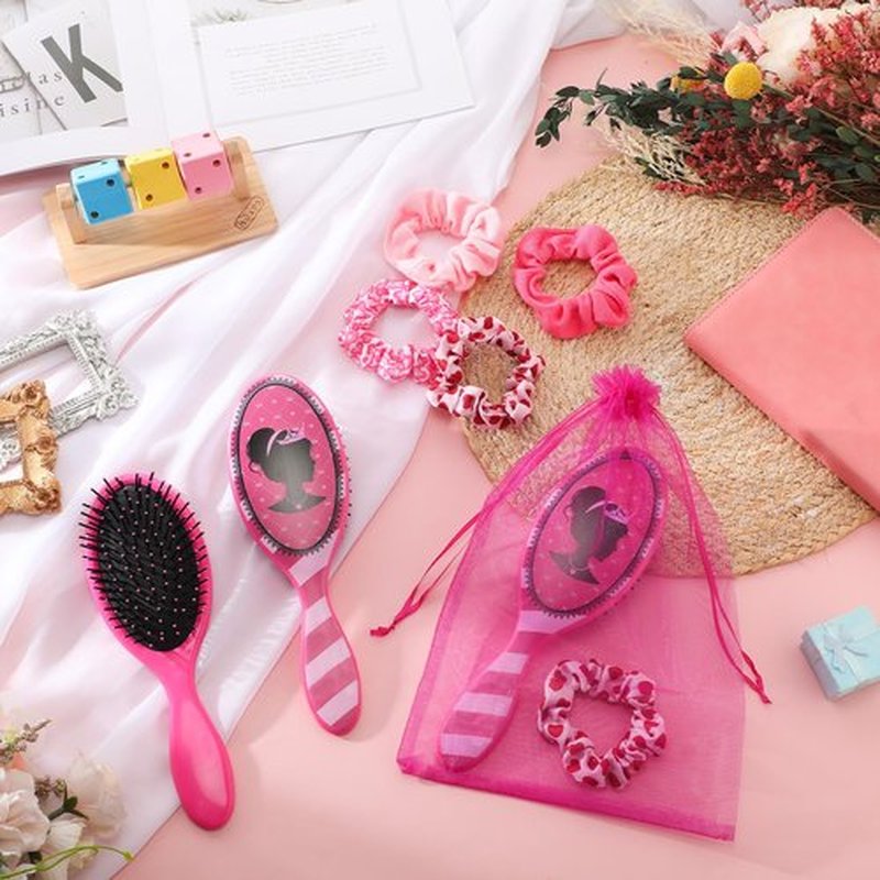 Hotop 24 Pcs Hot Pink Girl Princess Party Favors for 8 Girls, Girl Party Supplies Include 9 Inch Hair Brush for Girls Detangling Brush Scrunchies Organza Bag for Makeup Kit Hair Accessories