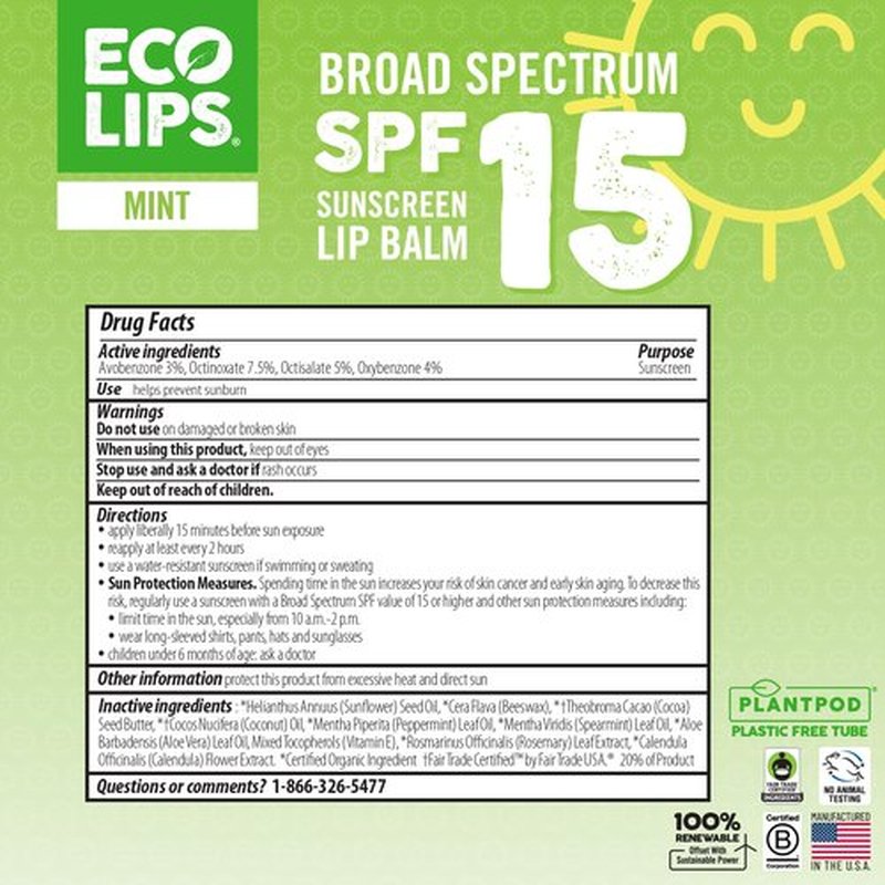 Eco Lips Classic Variety Broad Spectrum Sunscreen Lip Balm 6-Pack (Berry, Sport, Mint) - 100% Plastic-Free Plant Pod Packaging - Made in USA