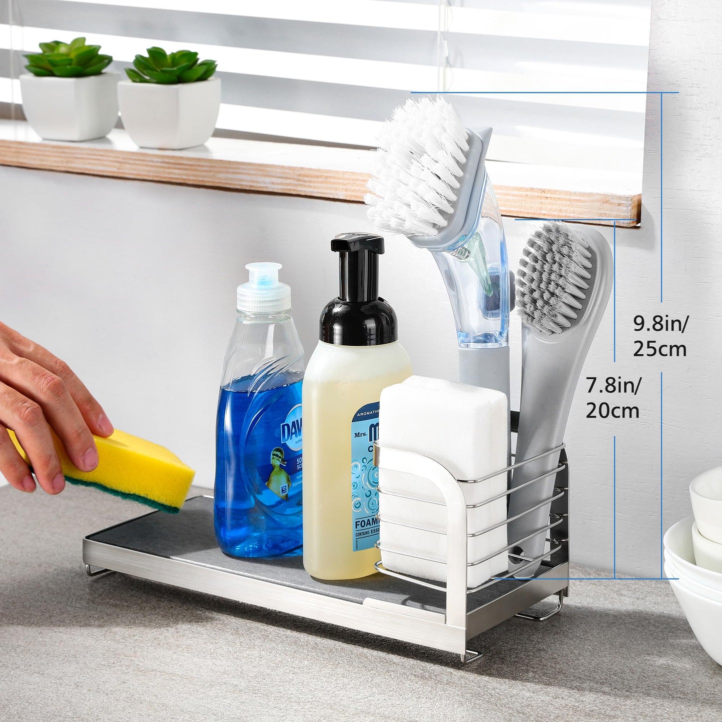 AIDILI Wipe-Free Sink Organizer with Drying Stone, Instant Dry Sink Caddy Organizers, Kitchen Sponge Soap Holder Dispenser, Countertop Fast Drying Counter Tray Rack