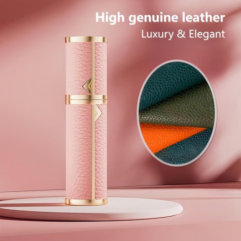 Fiwecos Perfume Travel Refillable Bottle Cologne Portable Atomizer Genuine Leather Fragrance Scent Sprayer Pump Fill from Bottom Mini Pocket Size 5ml for Travel Essentials & Best Gift (Pink)