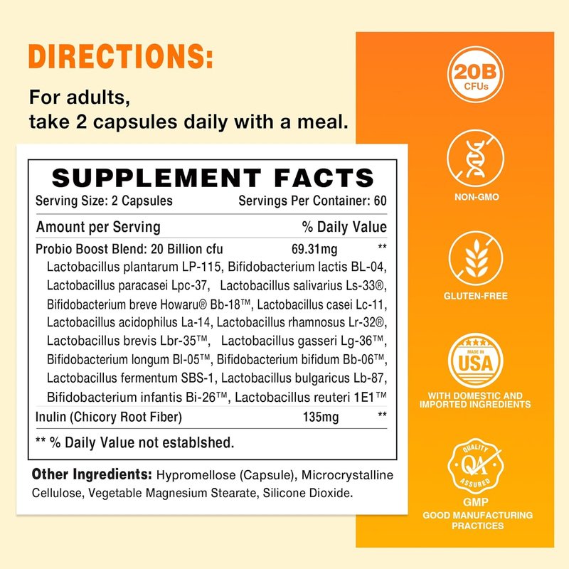 Probiotic 16 - 20 Billion CFU, 16 Strains & Prebiotic Fiber | Digestive & Immune Support, 120 Veggie Capsules