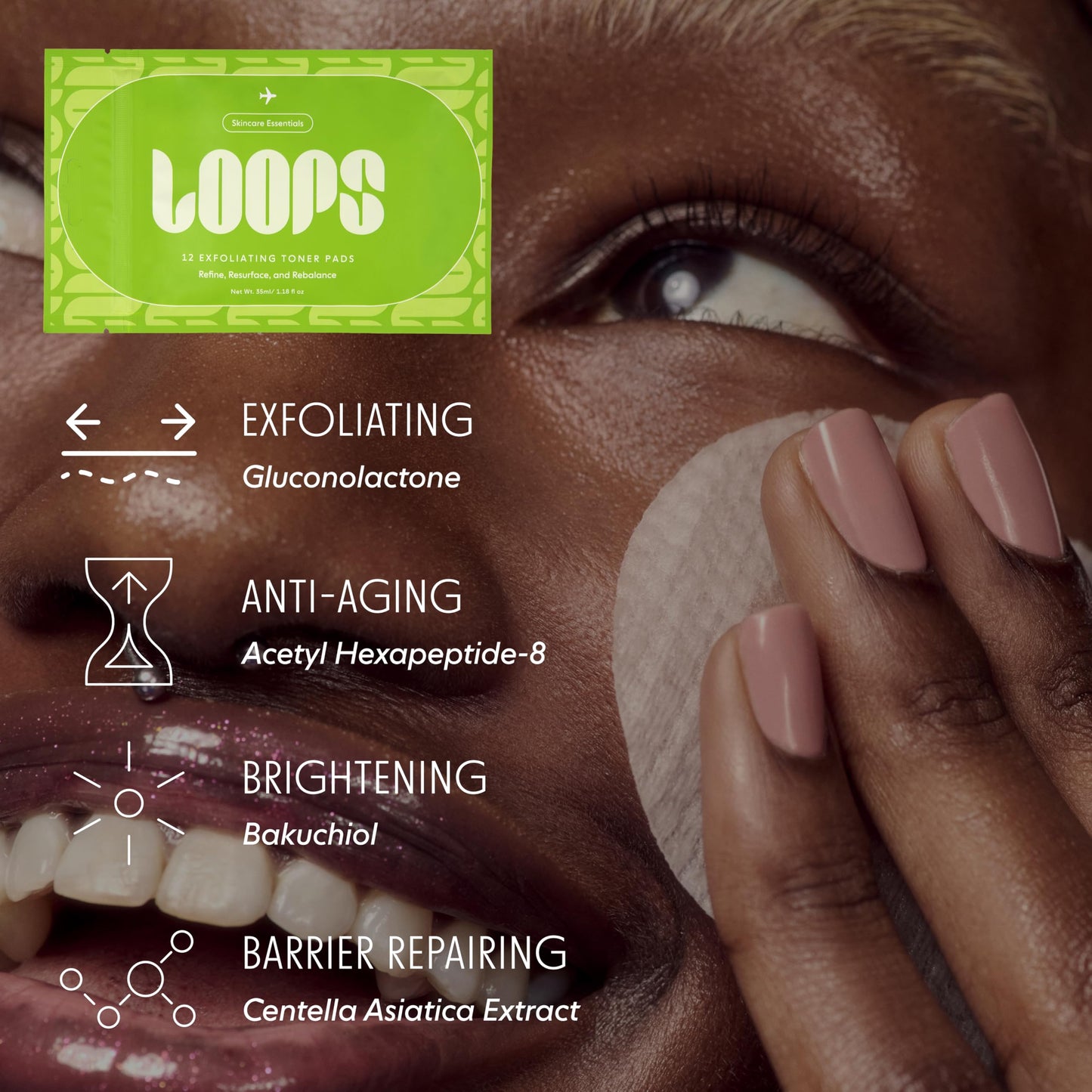 LOOPS 4-Step Korean Skincare Essentials Kit with 12 Travel Vegan, Natural, Biodegradable Gentle Skincare Pads Each - Moisturizer, Toner, Peptide, and Milky Cleanser - Pre-soaked Bamboo Pads - 48