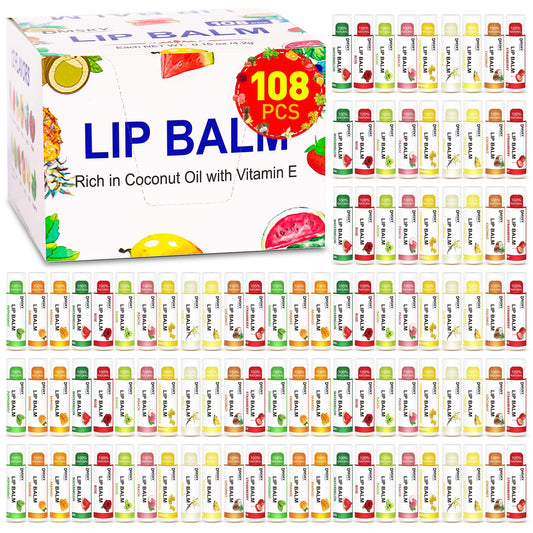 DMSKY 108 Pack Lip Balm, Natural Lip Balm Bulk with Vitamin E and Coconut Oil, Moisturizing Lip Balm for Chapped Lips, Bulk Lip Balm for Women-12 Flavors