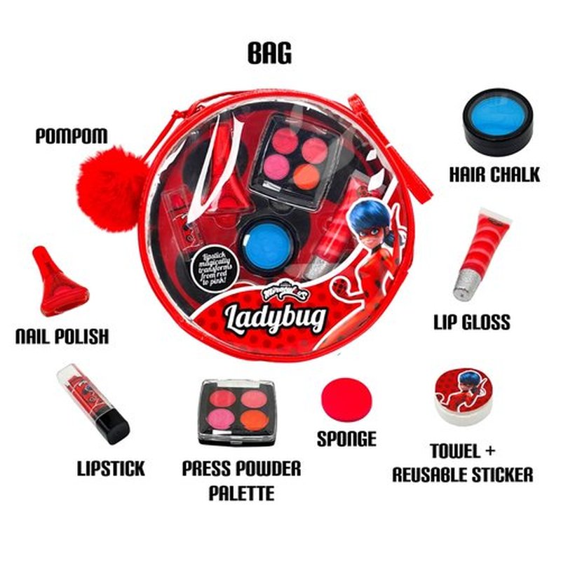 Miraculous Ladybug Kids Makeup Set - 10 Piece Bag with Nail Polish, Hair Chalk, Stickers & More, Curated Gift Sets - Safe, Non-Toxic Pretend Play Cosmetics Ladybug Themed Makeup Kit