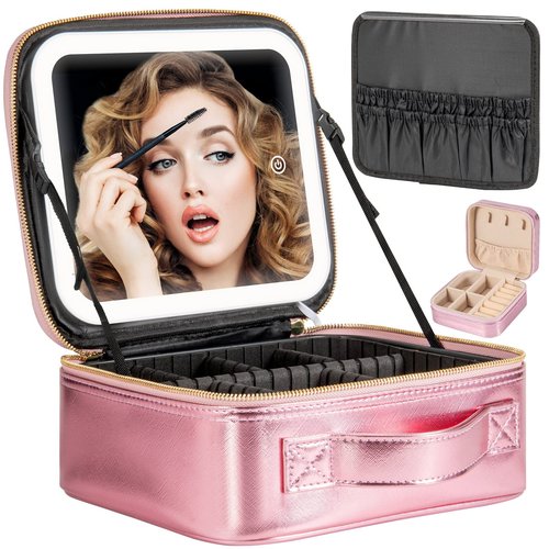Extrei Gent Makeup Travel Train Case with Mirror LED Light 3 Adjustable Brightness Cosmetic Bag Portable Storage Adjustable Partition Waterproof Makeup Brushes Makeup Jewelry Gift for Women