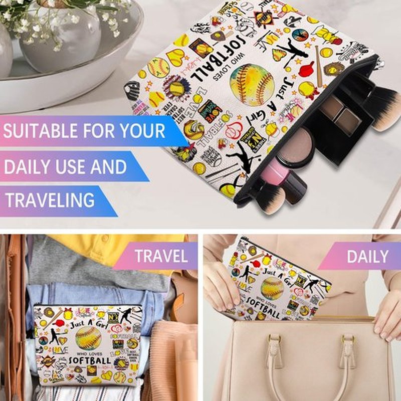 Softball Gifts Makeup Cosmetic Bag for Women, Birthday Gifts for Softball Lovers Players Fans, Softball Stuff Accessories Gifts for Team Coach, Softball Travel Bag Pouch Purse for Female Friends