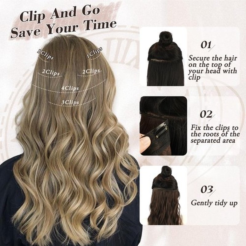 BARSDAR Highlight Clip in Hair Extensions - 20 Inch Wavy Clip in Hair Extensions for Women - 6PCs Soft Thick Synthetic Hair Extensions Clip ins Hairpieces Daily - Medium Brown & Blonde