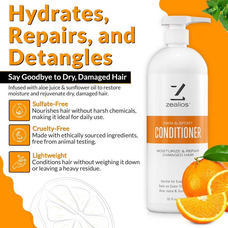 Zealios Swim & Sport Conditioner 32 Oz - Sulfate-Free Moisturizing Hair Conditioner, Hair Treatment for Swimmers & Athletes, Chlorine Removal, Hydrating, Vegan, Protects Color Treated Hair