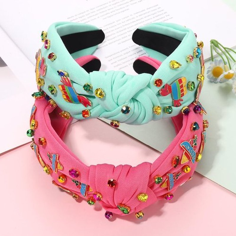 CEALXHENY Jeweled Mexican Headbands for Women, 2PCS Wide Top Knot Headband with Chili Pepper Charms, Fiesta Party Accessories, Cinco De Mayo Gifts (White, Hot Pink)
