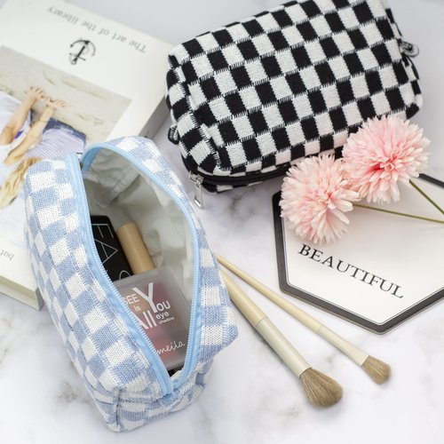 PAZIMIIK Checkered Makeup Bag for Purse Portable Zipper Make Up Pouch Small Cosmetic Case for Travel Accessories (2PCS Blue)