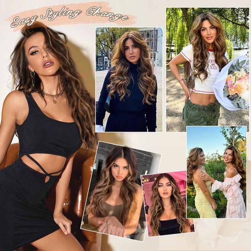 FREEMEIGE Clip in Long Wavy Synthetic Hair Extension 20 Inch Medium Brown 4PCS Thick Hairpieces Fiber Double Weft Hair for Women