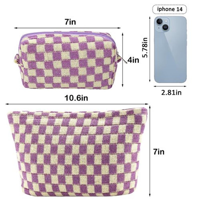 ZLFSRQ 2Pcs Checkered Makeup Bag for Women Large Cosmetic Bag Set Travel Toiletry Bag Makeup Pouch Bag for Purse Purple Zipper Storage Bag Organizer Cute Small Aesthetic Girls Car Essentials Bag
