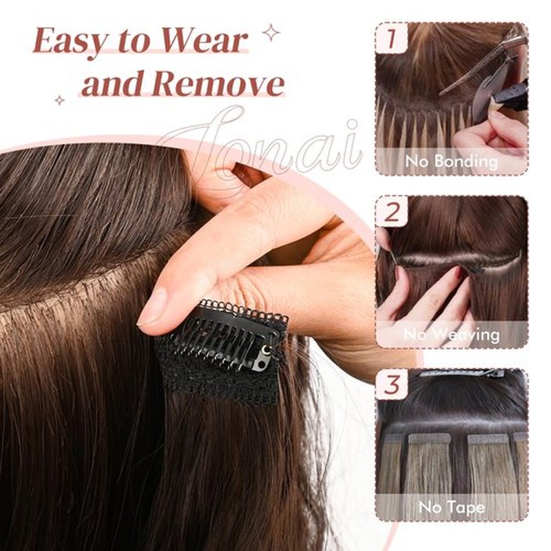 LONAI Clip in Hair Extensions, 9PCS Long Curly Wavy Layer Hair Clip Extensions, Synthetic Hair Extension Natural Soft Invisible Lace Hairpiece for Women Chocolate Brown to Light Brown