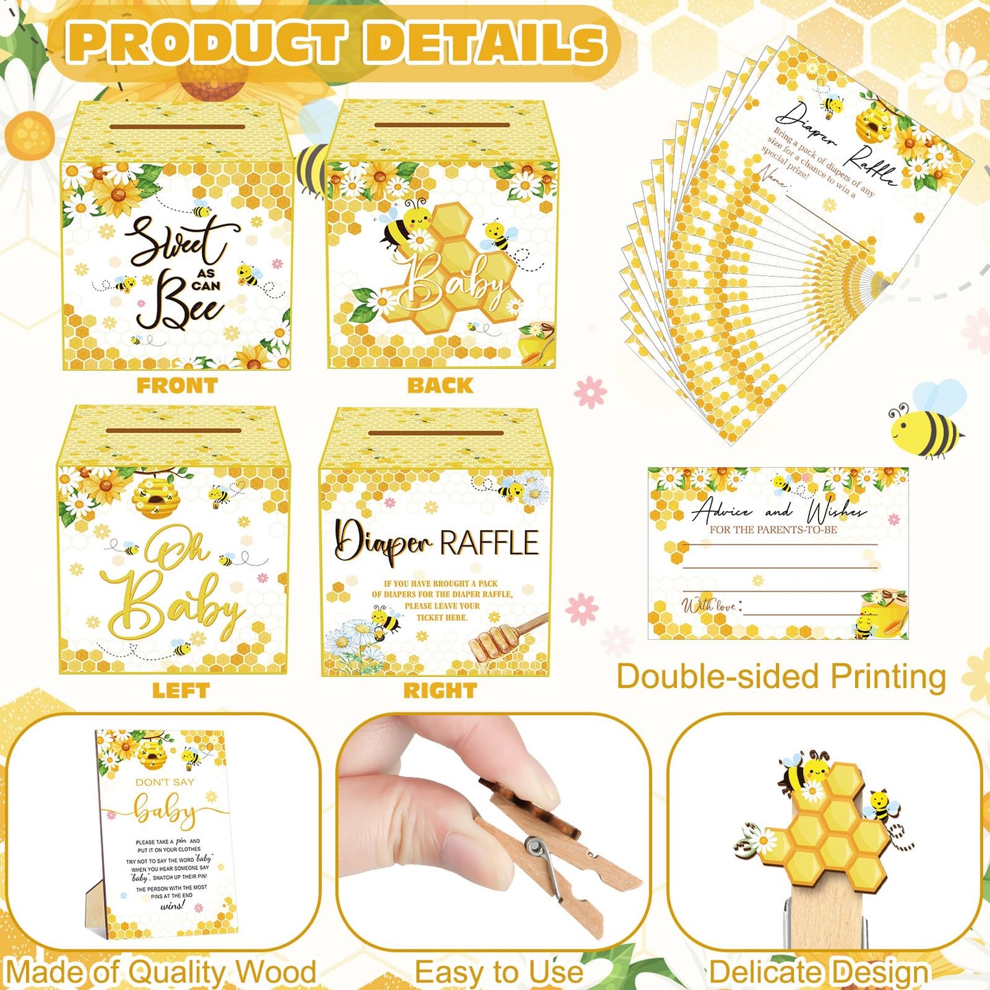 Dispowreath 102 Pcs Baby Shower Game Supplies Diaper Raffle Tickets with Diaper Raffle Card Box Don't Say Baby Sign Mini Clothespin Shower Game Decor for Gender Reveal (Bee)
